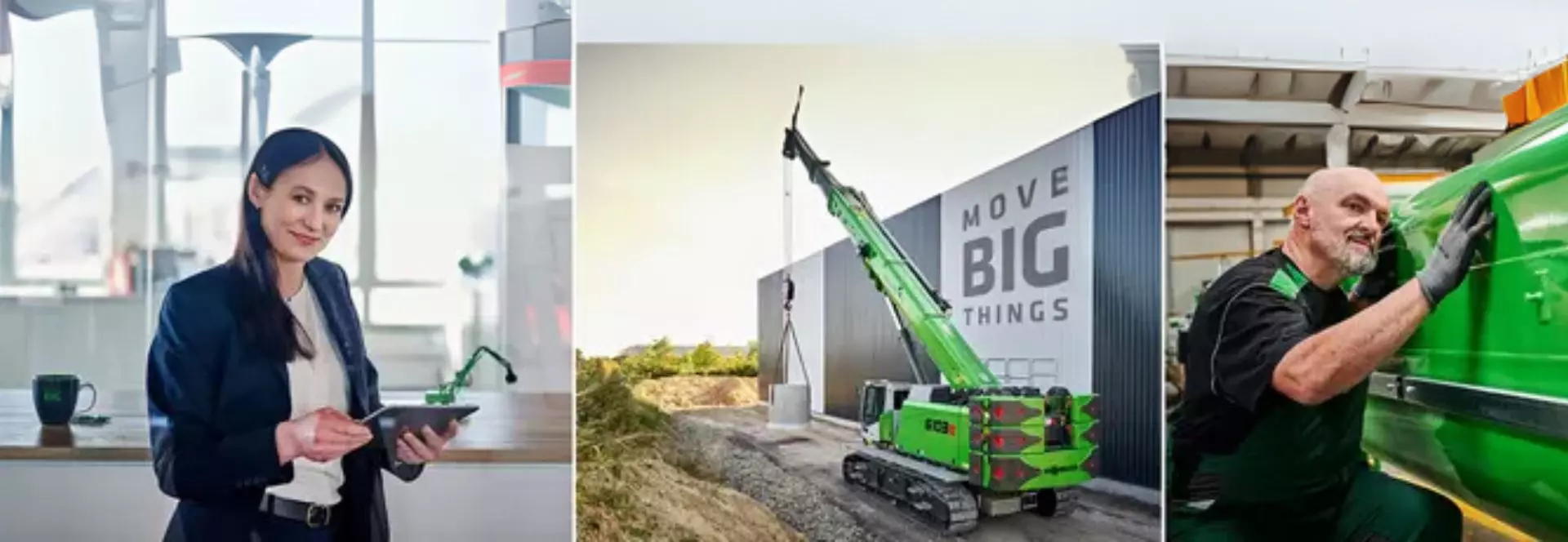 Auf dem Bild, welches in drei Teile geteilt ist, sieht man links eine Frau, mit einem Tablet vor einem Tisch stehend. In der Mitte hebt ein Kran, einen Betonblock in die Luft. Auf der rechten Bildseite ist ein Mann zu sehen, wie er ein grünes Fahrzeug überprüft.